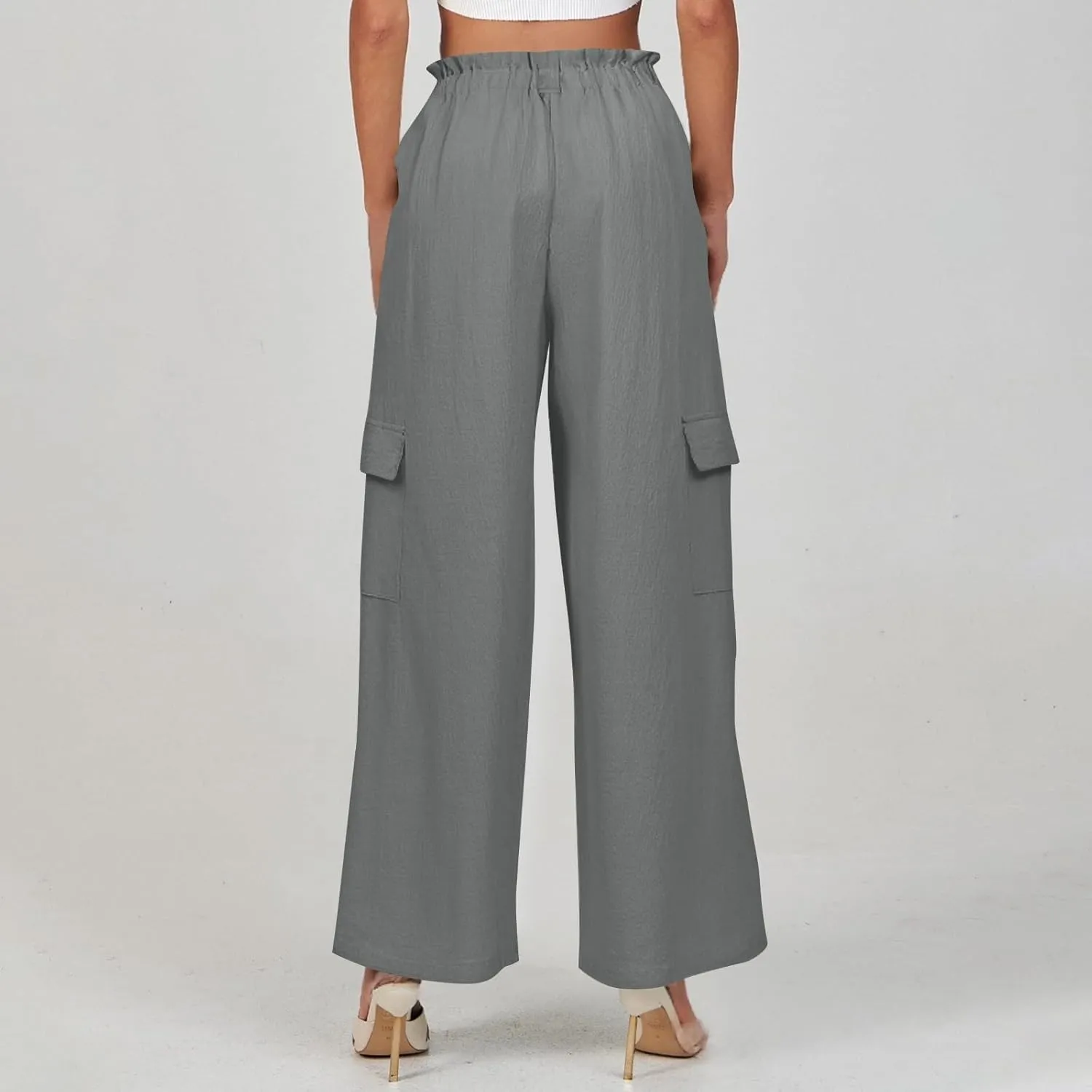 Women Linen Cargo Pants Casual Summer Elastic Waist Palazzo Pants Flowy Beach Trousers with Pockets Vacation Outfits