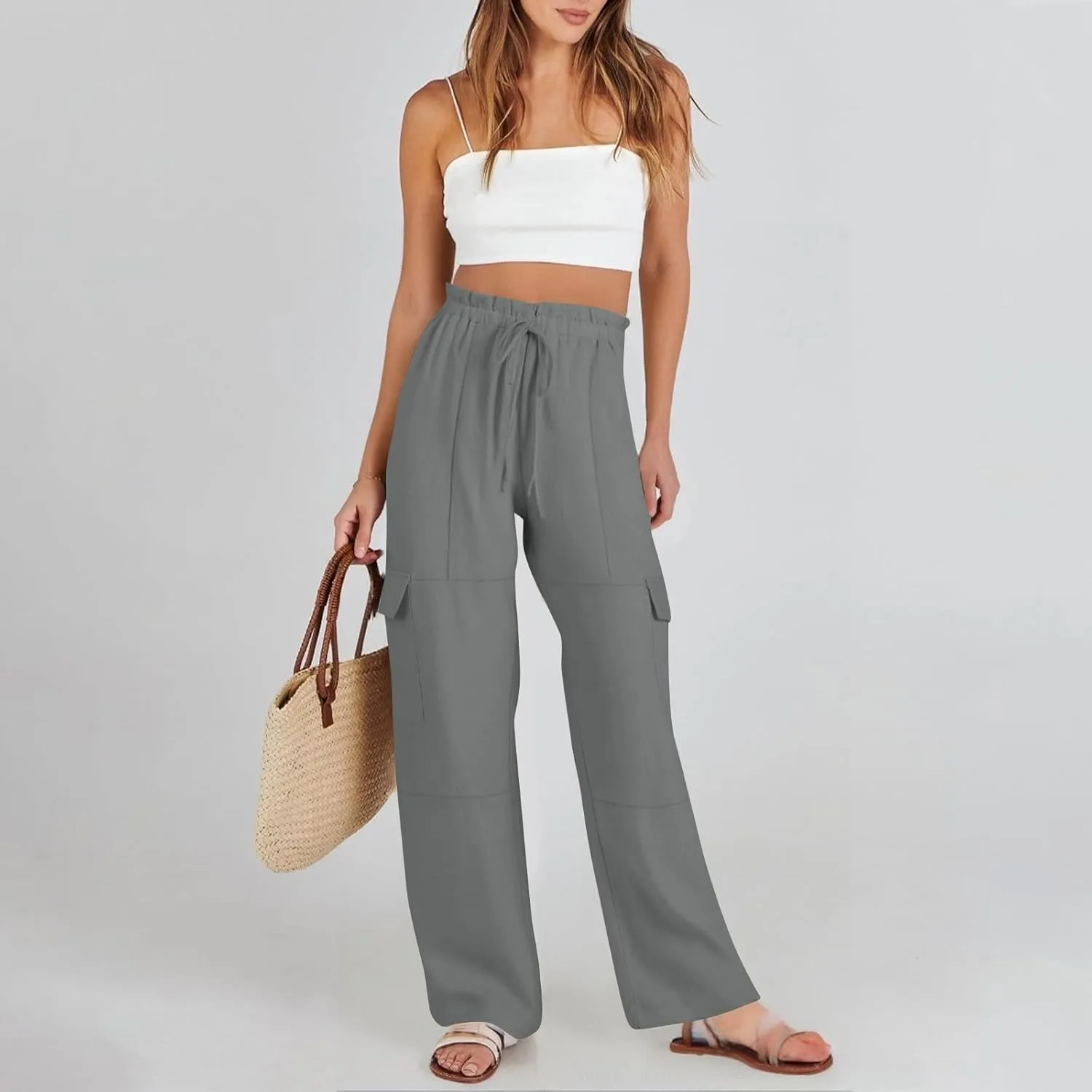 Women Linen Cargo Pants Casual Summer Elastic Waist Palazzo Pants Flowy Beach Trousers with Pockets Vacation Outfits