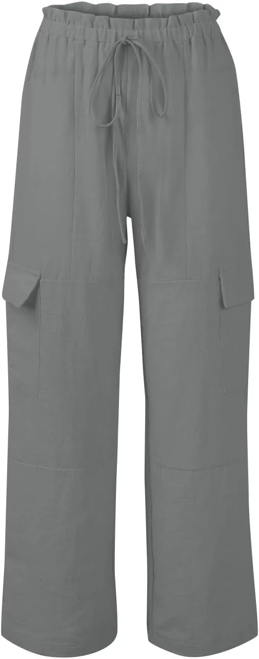 Women Linen Cargo Pants Casual Summer Elastic Waist Palazzo Pants Flowy Beach Trousers with Pockets Vacation Outfits