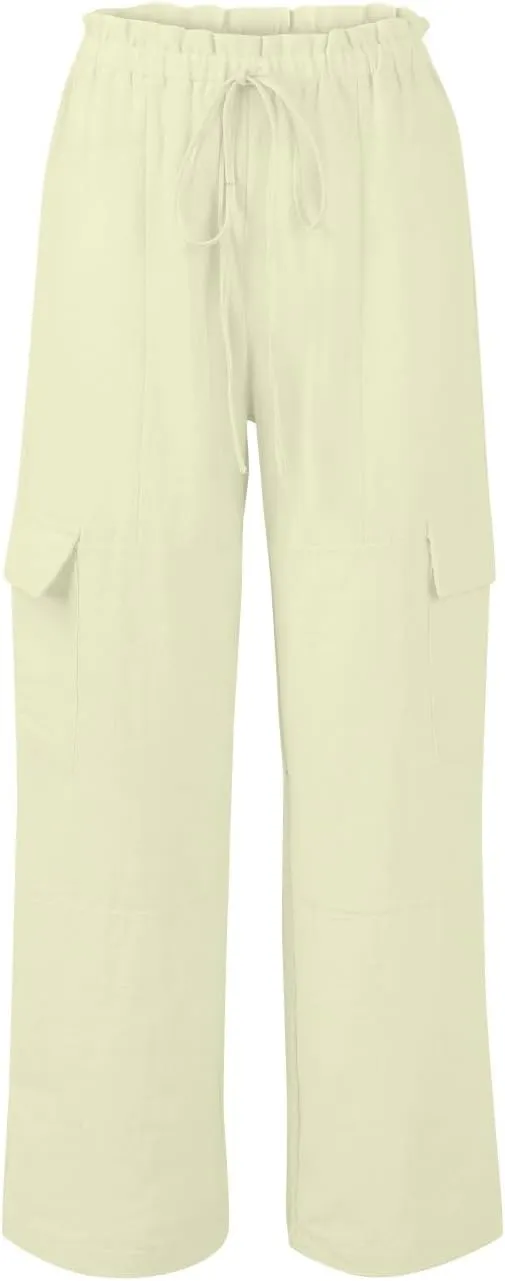 Women Linen Cargo Pants Casual Summer Elastic Waist Palazzo Pants Flowy Beach Trousers with Pockets Vacation Outfits