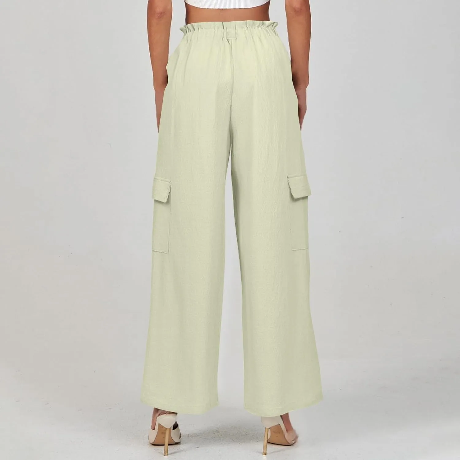 Women Linen Cargo Pants Casual Summer Elastic Waist Palazzo Pants Flowy Beach Trousers with Pockets Vacation Outfits