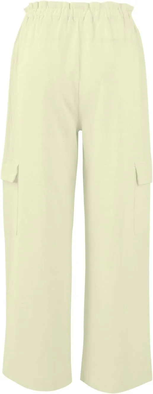 Women Linen Cargo Pants Casual Summer Elastic Waist Palazzo Pants Flowy Beach Trousers with Pockets Vacation Outfits
