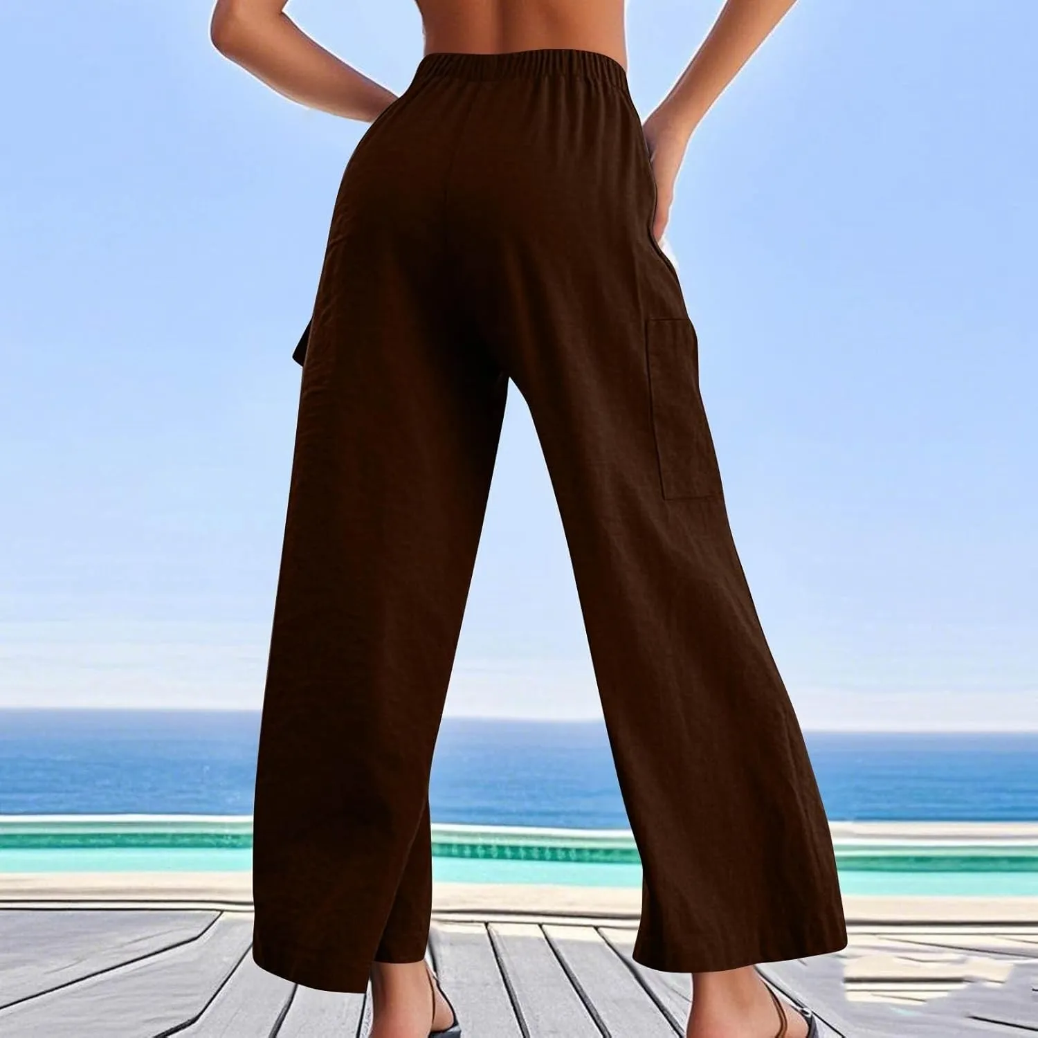 Women Linen Cargo Pants Summer Casual High Waisted Wide Leg Pants Flowy Beach Trousers with Pockets Vacation Outfits