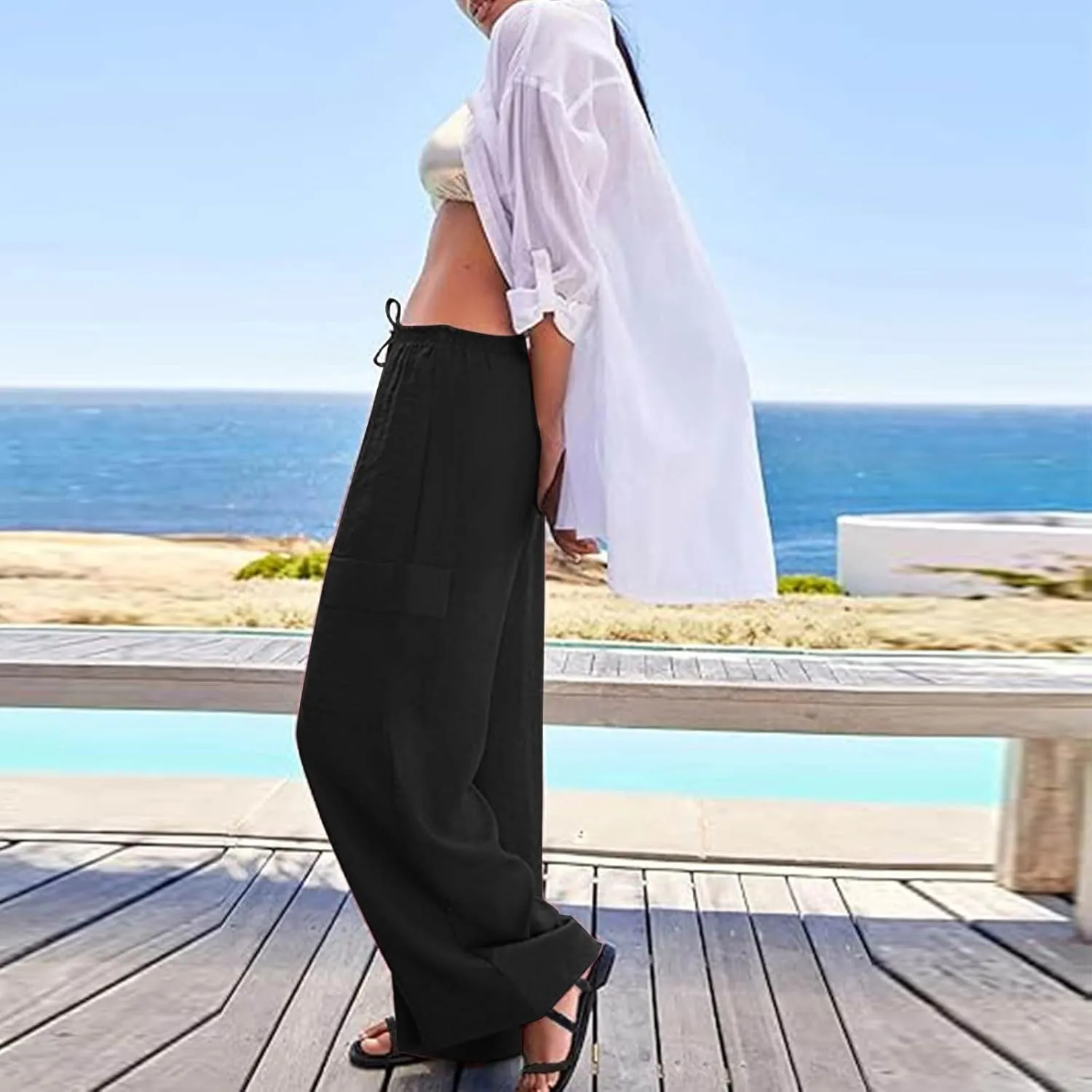 Women Linen Cargo Pants Summer Casual High Waisted Wide Leg Pants Flowy Beach Trousers with Pockets Vacation Outfits