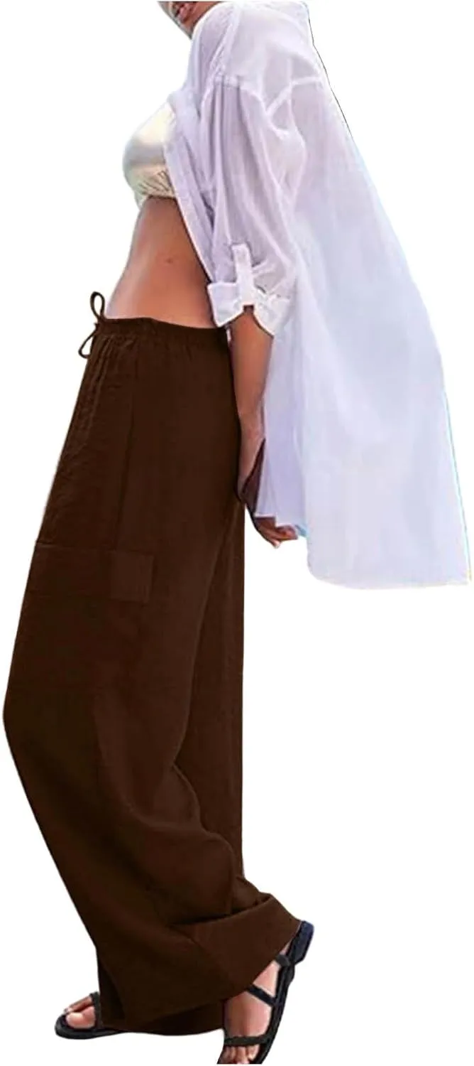 Women Linen Cargo Pants Summer Casual High Waisted Wide Leg Pants Flowy Beach Trousers with Pockets Vacation Outfits