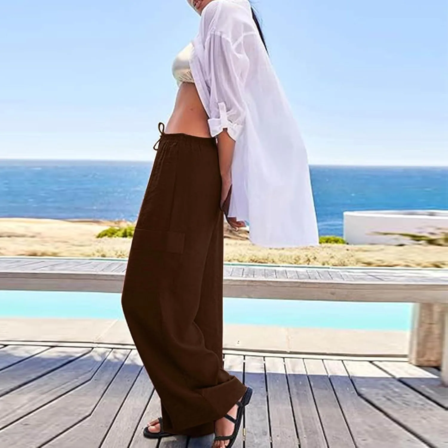 Women Linen Cargo Pants Summer Casual High Waisted Wide Leg Pants Flowy Beach Trousers with Pockets Vacation Outfits