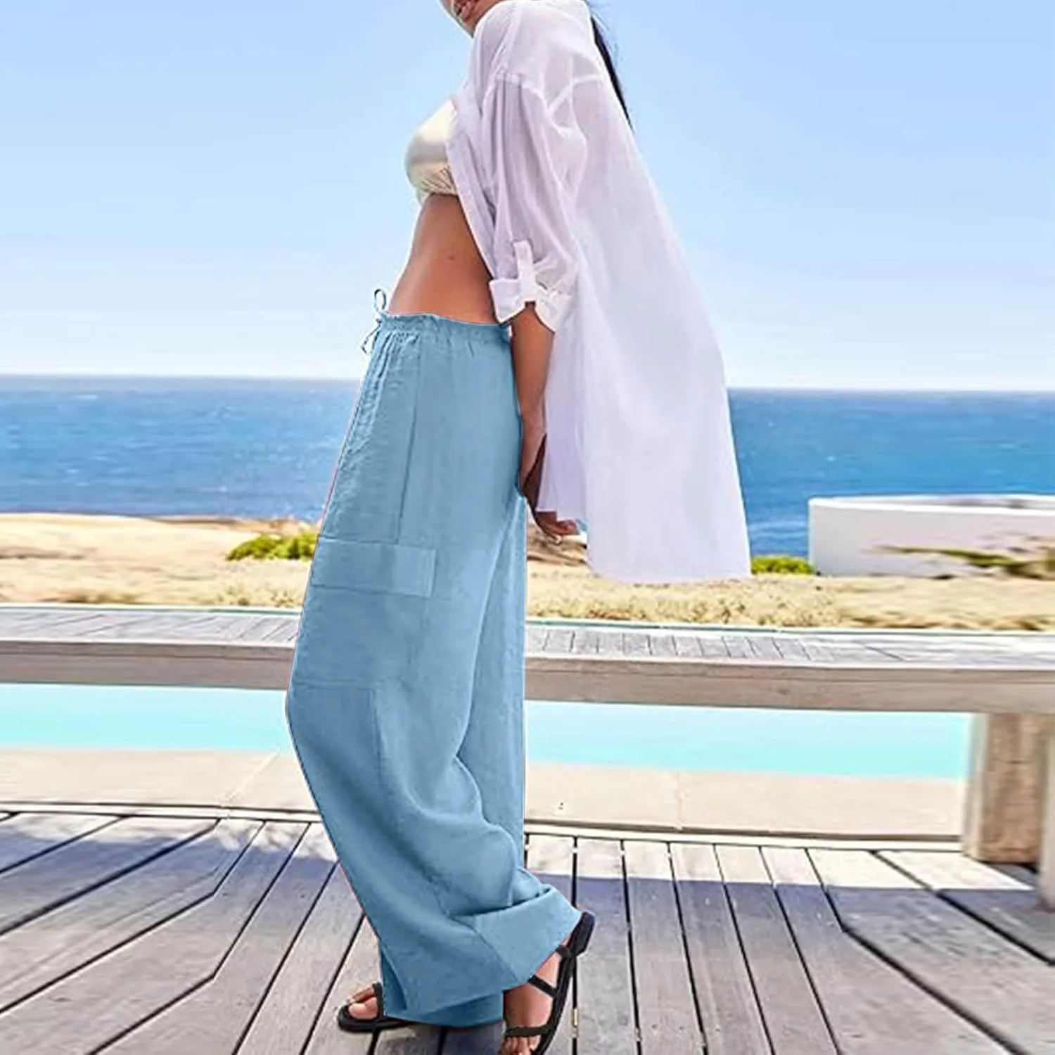 Women Linen Cargo Pants Summer Casual High Waisted Wide Leg Pants Flowy Beach Trousers with Pockets Vacation Outfits
