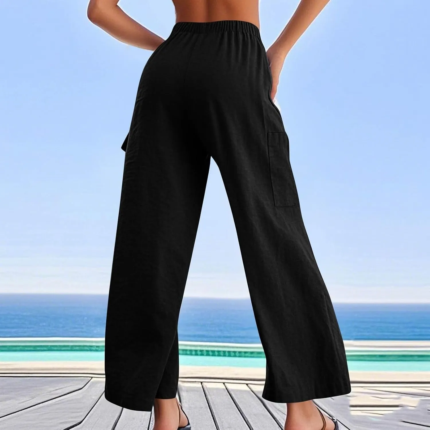 Women Linen Cargo Pants Summer Casual High Waisted Wide Leg Pants Flowy Beach Trousers with Pockets Vacation Outfits