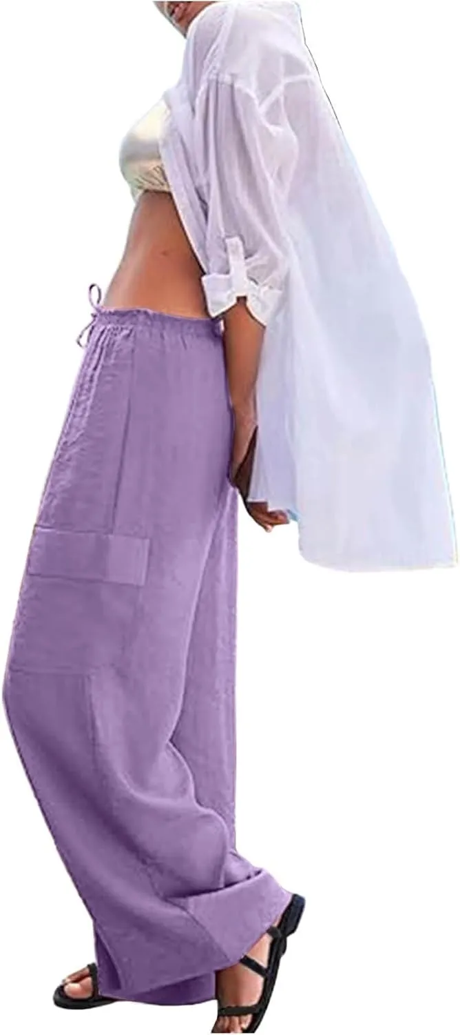 Women Linen Cargo Pants Summer Casual High Waisted Wide Leg Pants Flowy Beach Trousers with Pockets Vacation Outfits