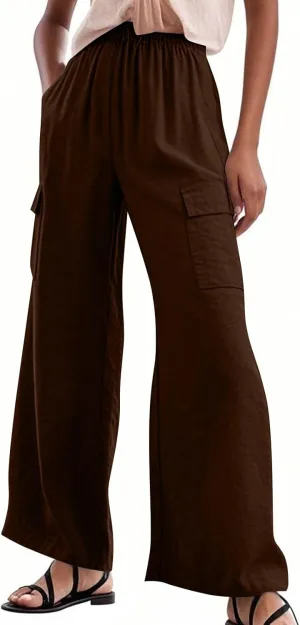 Women Linen Cargo Pants Summer Casual High Waisted Wide Leg Pants Flowy Beach Trousers with Pockets Vacation Outfits