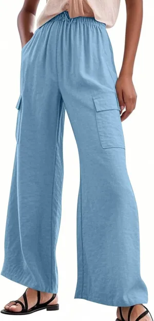 Women Linen Cargo Pants Summer Casual High Waisted Wide Leg Pants Flowy Beach Trousers with Pockets Vacation Outfits