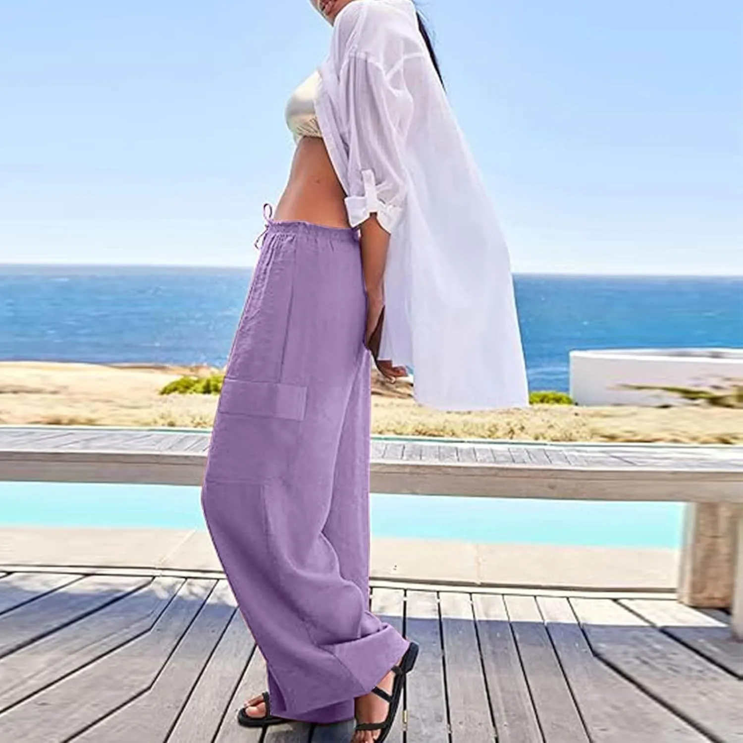 Women Linen Cargo Pants Summer Casual High Waisted Wide Leg Pants Flowy Beach Trousers with Pockets Vacation Outfits