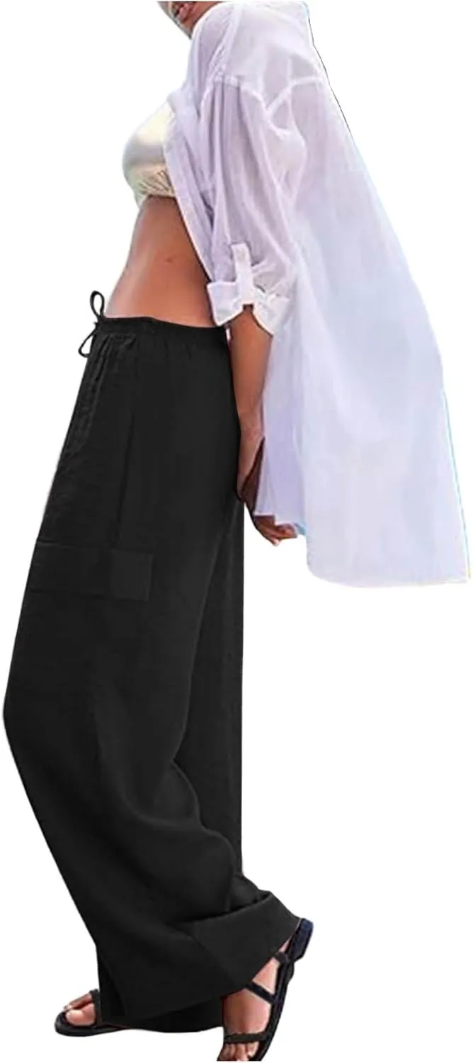 Women Linen Cargo Pants Summer Casual High Waisted Wide Leg Pants Flowy Beach Trousers with Pockets Vacation Outfits