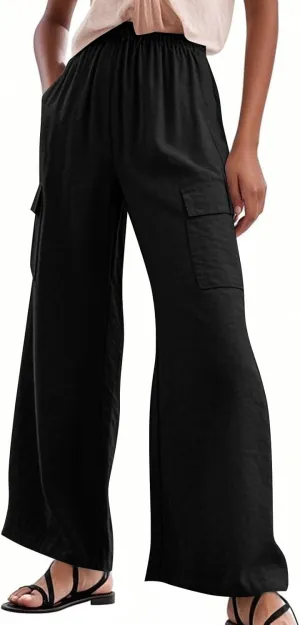 Women Linen Cargo Pants Summer Casual High Waisted Wide Leg Pants Flowy Beach Trousers with Pockets Vacation Outfits