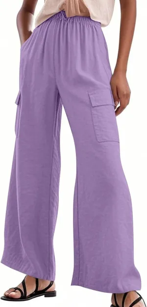 Women Linen Cargo Pants Summer Casual High Waisted Wide Leg Pants Flowy Beach Trousers with Pockets Vacation Outfits