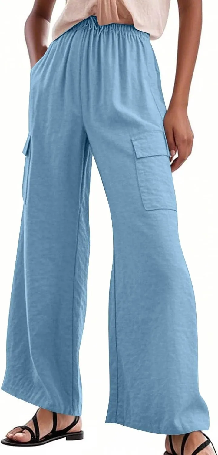 Women Linen Cargo Pants Summer Casual High Waisted Wide Leg Pants Flowy Beach Trousers with Pockets Vacation Outfits
