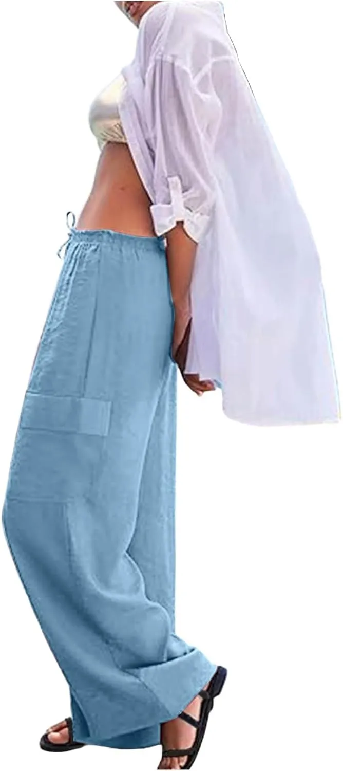 Women Linen Cargo Pants Summer Casual High Waisted Wide Leg Pants Flowy Beach Trousers with Pockets Vacation Outfits