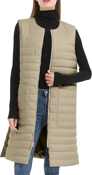 Women Long Puffer Vest Down Quilted Lightweight Sleeveless Jacket with Pockets