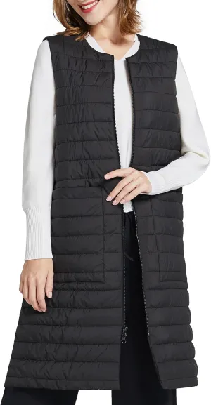 Women Long Puffer Vest Down Quilted Lightweight Sleeveless Jacket with Pockets