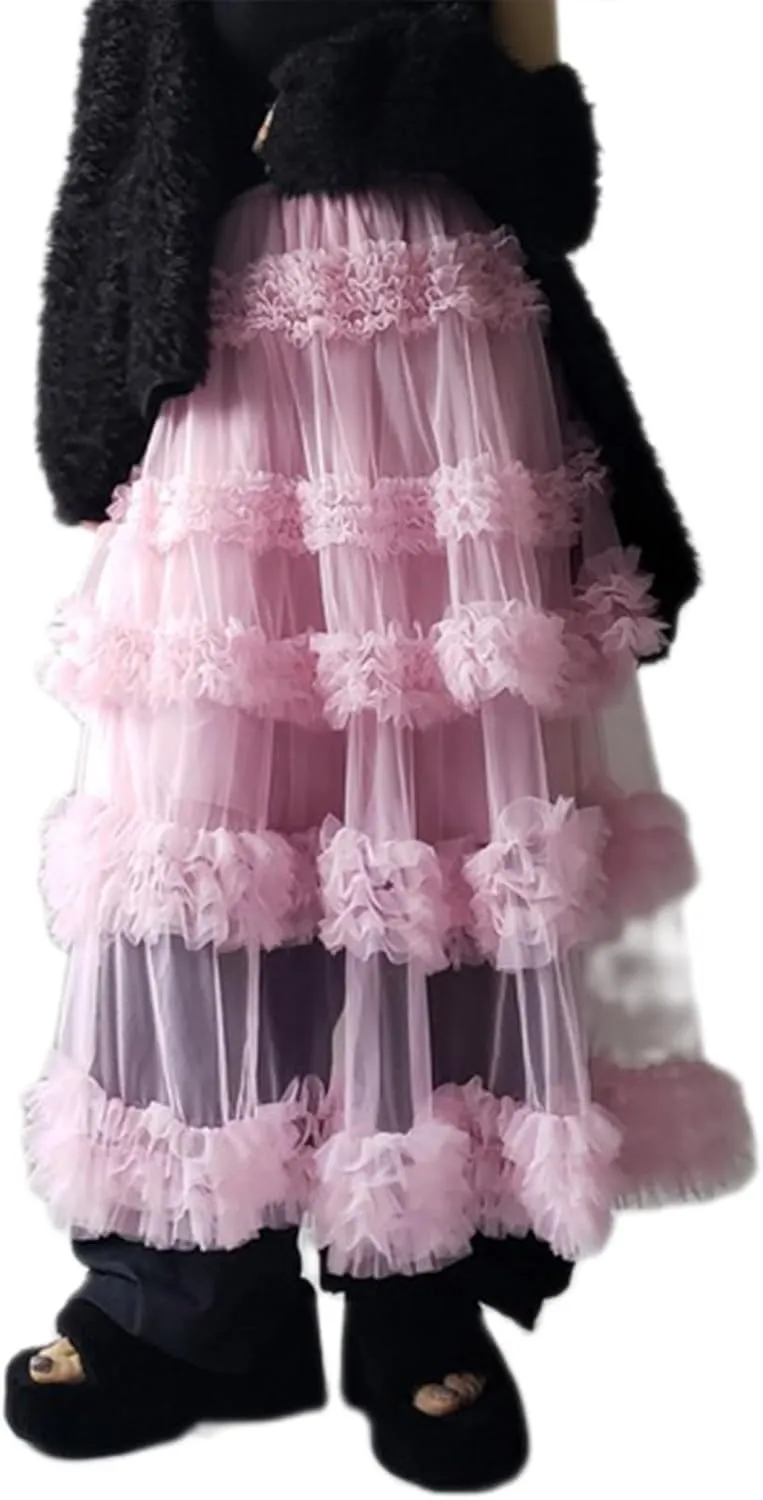 Women Tulle Long Skirt High Waist Layered Sheer Mesh Tutu Skirt Flowy Tiered A-Line Tulle Skirt for Wedding Party