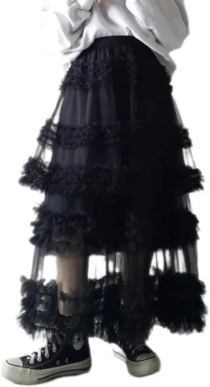 Women Tulle Long Skirt High Waist Layered Sheer Mesh Tutu Skirt Flowy Tiered A-Line Tulle Skirt for Wedding Party