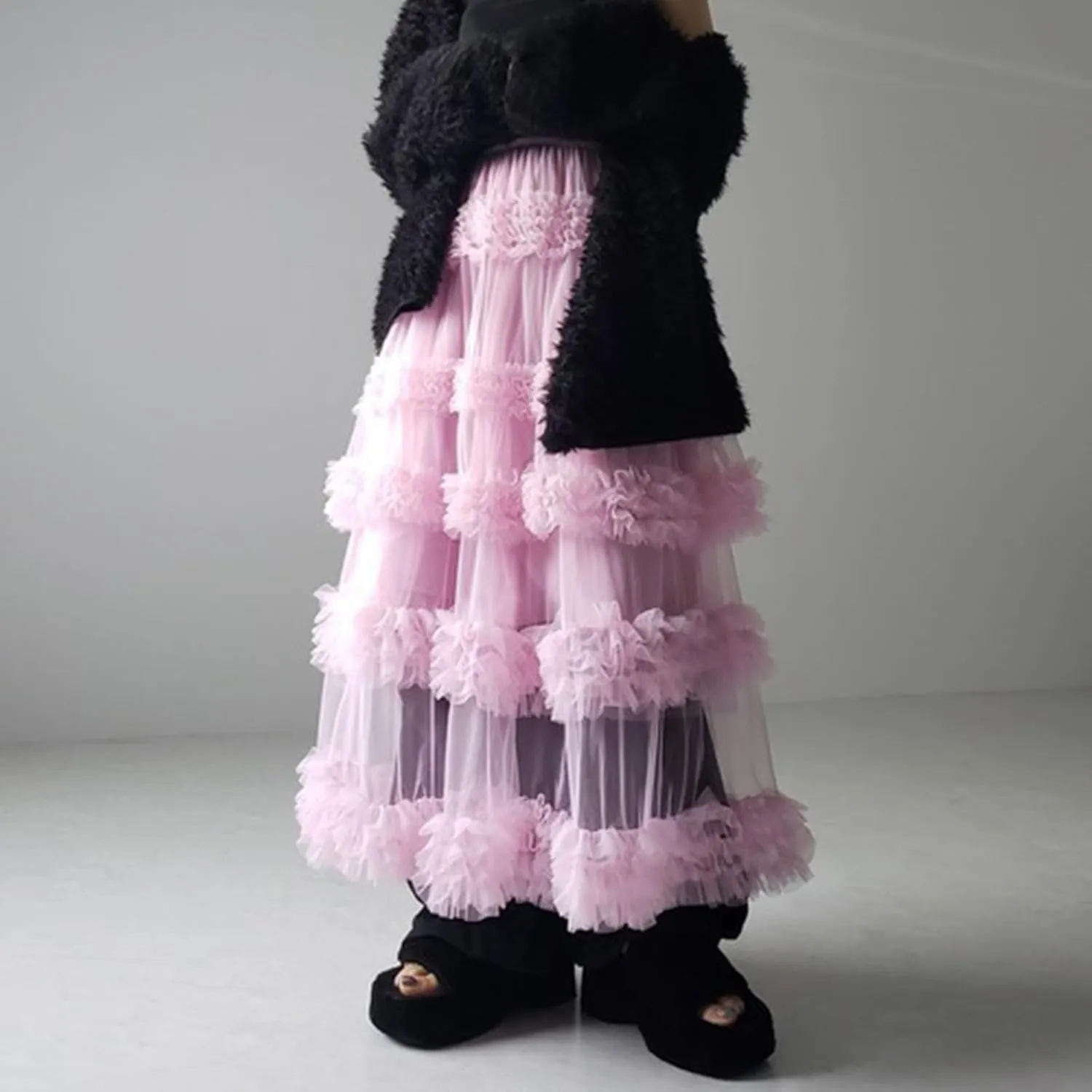Women Tulle Long Skirt High Waist Layered Sheer Mesh Tutu Skirt Flowy Tiered A-Line Tulle Skirt for Wedding Party