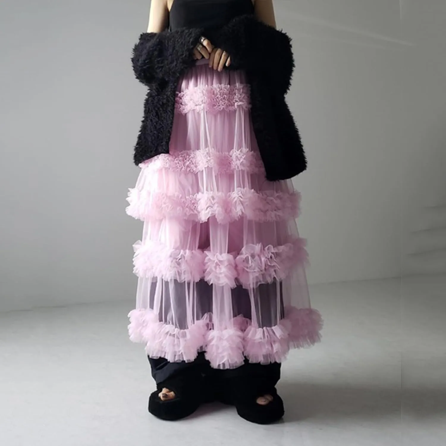 Women Tulle Long Skirt High Waist Layered Sheer Mesh Tutu Skirt Flowy Tiered A-Line Tulle Skirt for Wedding Party
