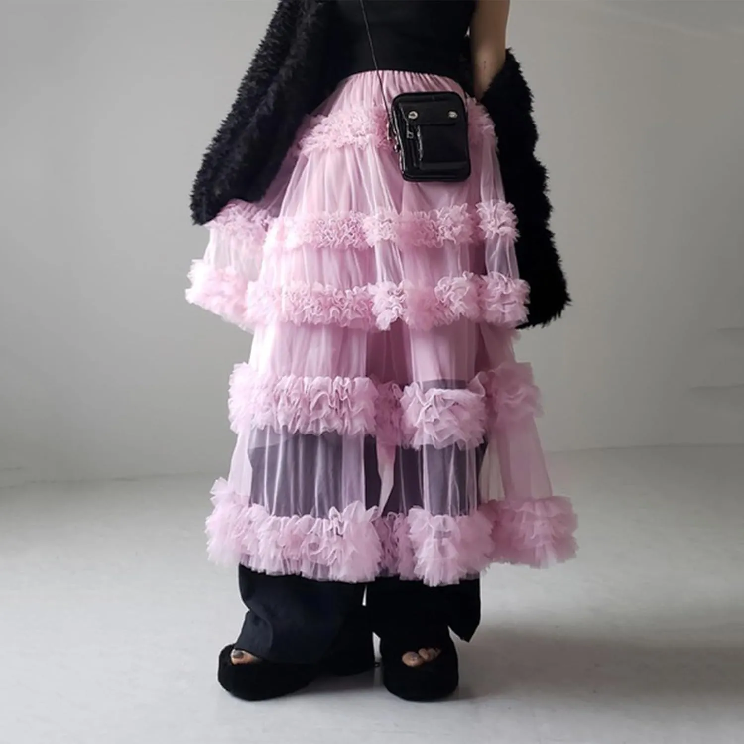 Women Tulle Long Skirt High Waist Layered Sheer Mesh Tutu Skirt Flowy Tiered A-Line Tulle Skirt for Wedding Party