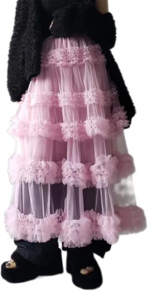 Women Tulle Long Skirt High Waist Layered Sheer Mesh Tutu Skirt Flowy Tiered A-Line Tulle Skirt for Wedding Party