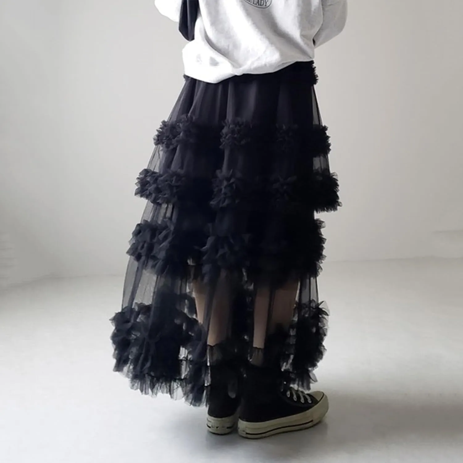 Women Tulle Long Skirt High Waist Layered Sheer Mesh Tutu Skirt Flowy Tiered A-Line Tulle Skirt for Wedding Party