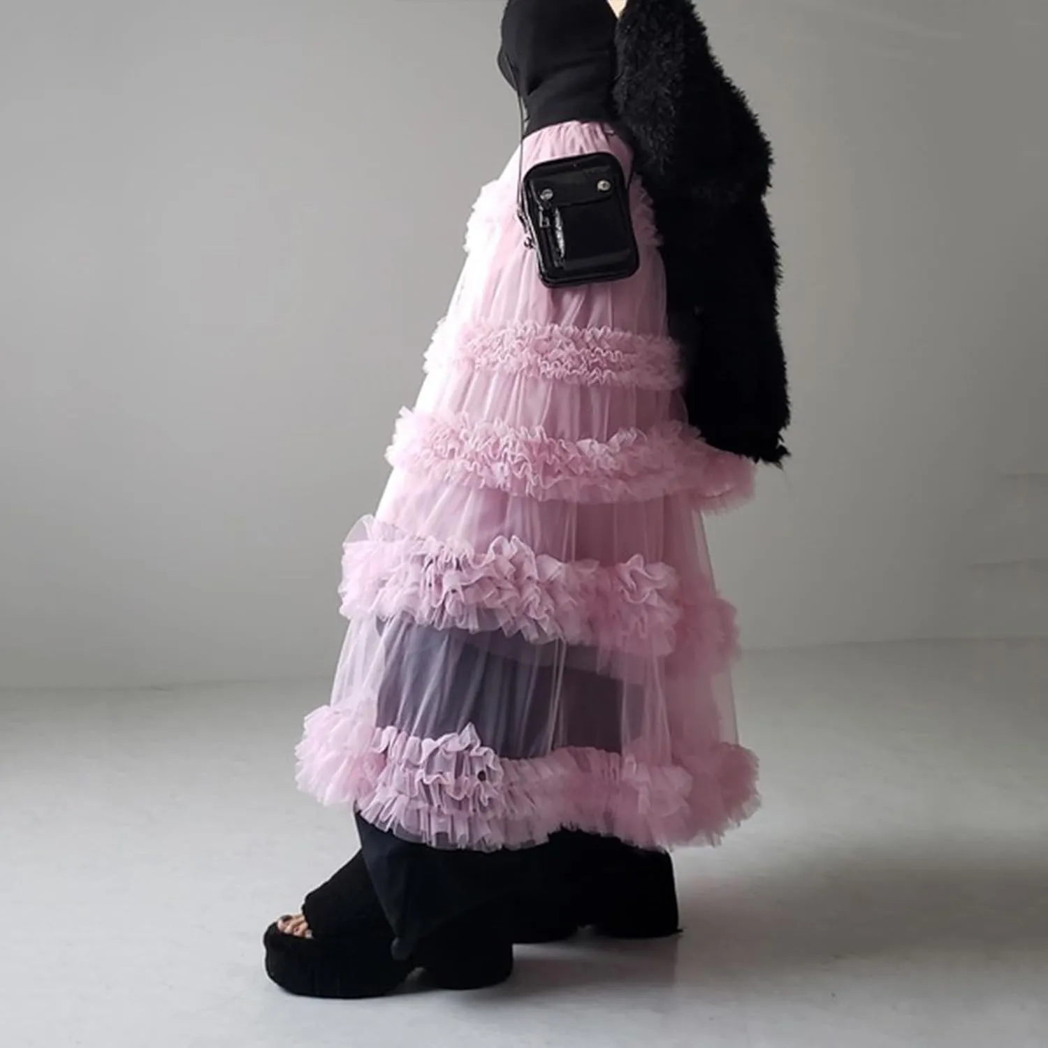 Women Tulle Long Skirt High Waist Layered Sheer Mesh Tutu Skirt Flowy Tiered A-Line Tulle Skirt for Wedding Party