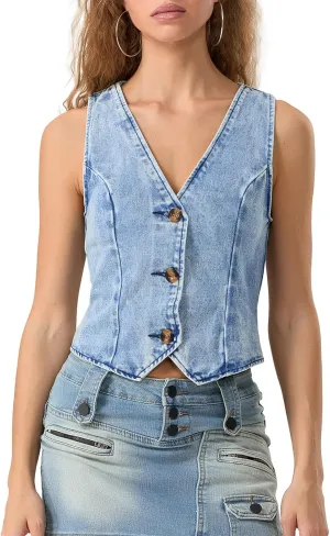 Women Y2K Button Down Denim Vest Vintage Sleeveless V Neck Jean Corset Crop Tank Top Sexy Fitted Cowgirl Streetwear