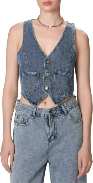 Women Y2K Button Down Denim Vest Vintage Sleeveless V Neck Jean Corset Crop Tank Top Sexy Fitted Cowgirl Streetwear