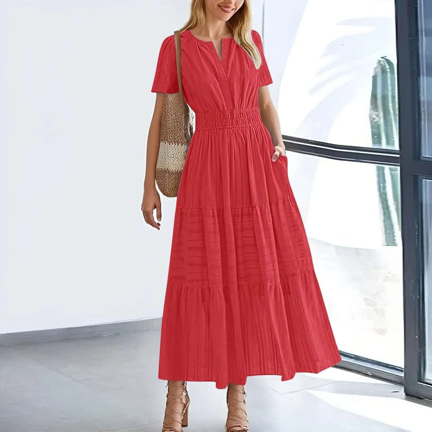Womens 2025 Summer Puff Short Sleeve Midi Dress V Neck Floral Textured Ruffle Flowy Beach Party Dresses