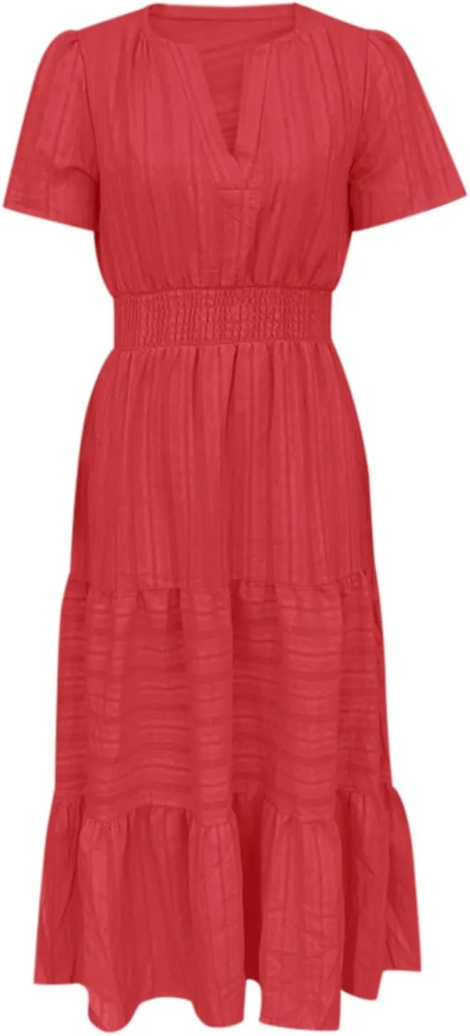 Womens 2025 Summer Puff Short Sleeve Midi Dress V Neck Floral Textured Ruffle Flowy Beach Party Dresses