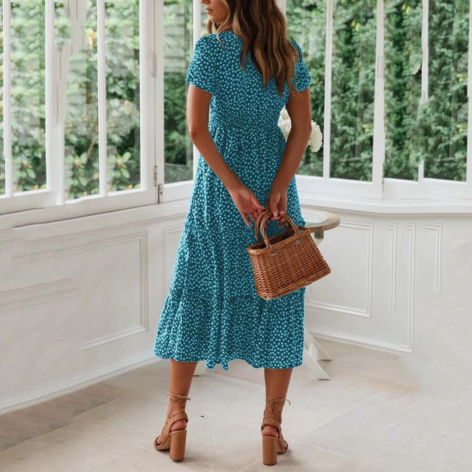Womens Boho Floral Summer Dresses Square Neck Casual A-Line Swing Midi Dress Short Sleeve High Waist Flowy Dress
