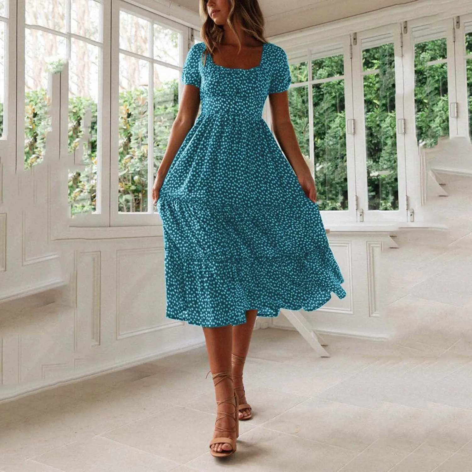 Womens Boho Floral Summer Dresses Square Neck Casual A-Line Swing Midi Dress Short Sleeve High Waist Flowy Dress