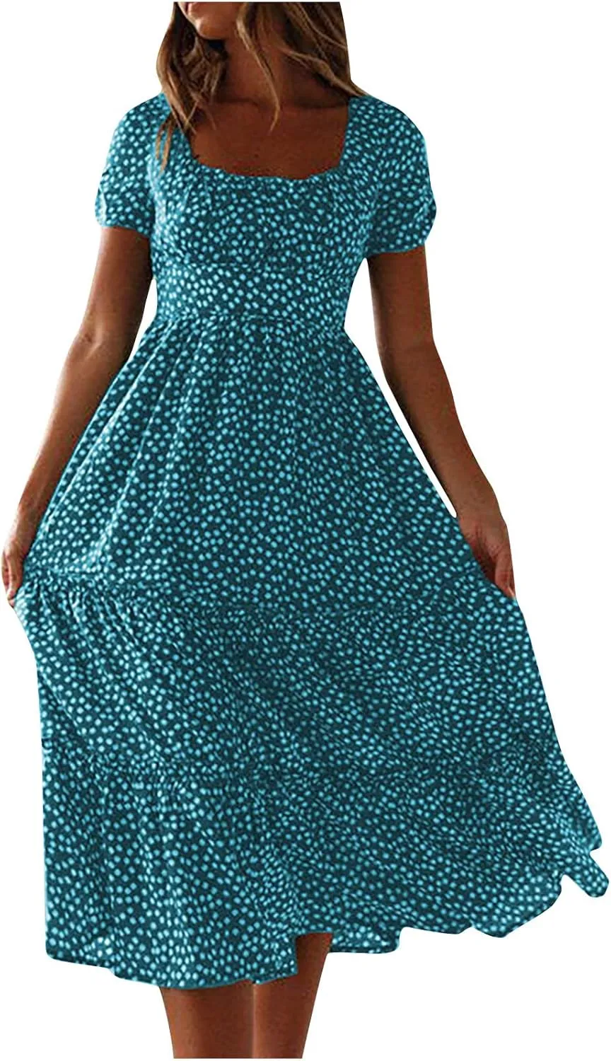 Womens Boho Floral Summer Dresses Square Neck Casual A-Line Swing Midi Dress Short Sleeve High Waist Flowy Dress