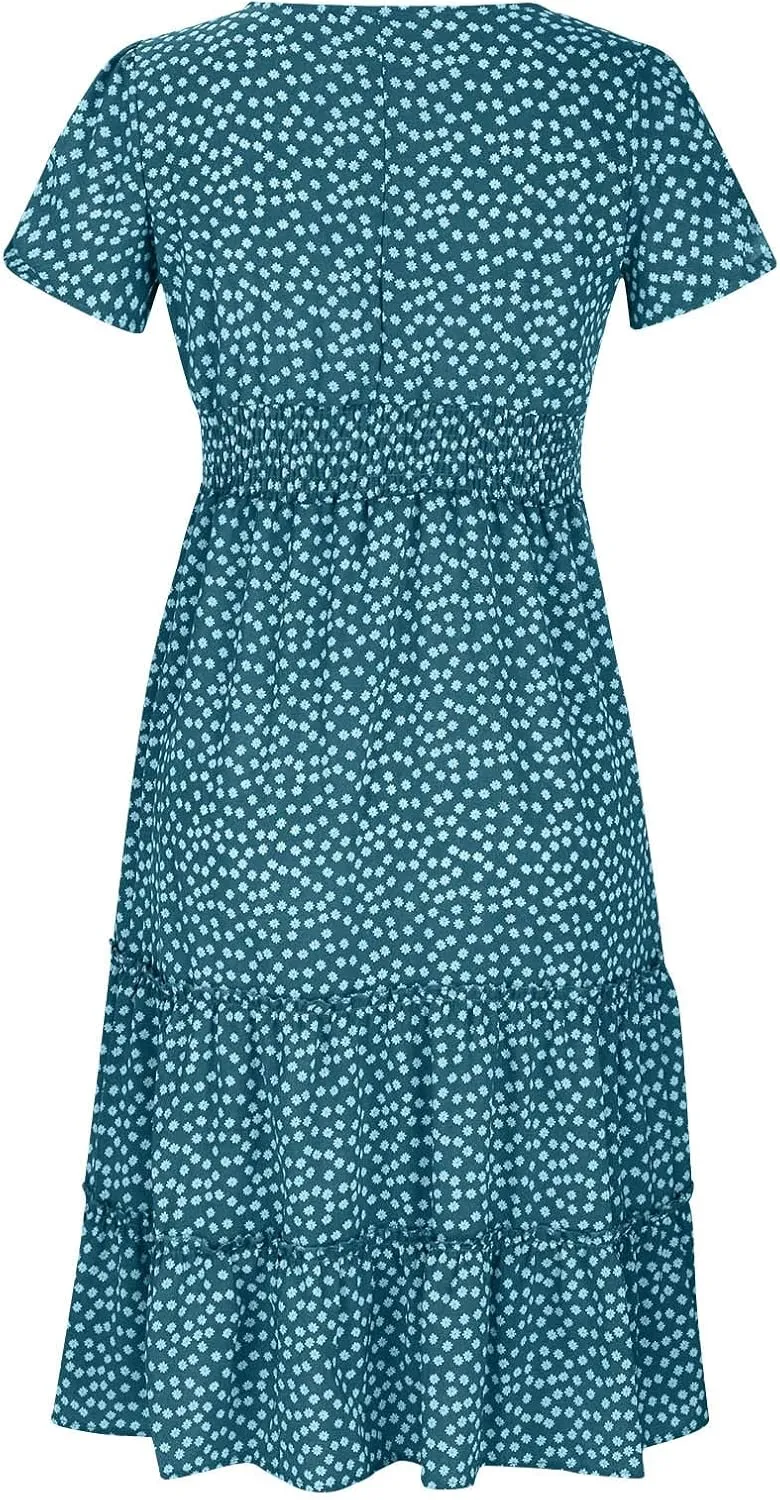 Womens Boho Floral Summer Dresses Square Neck Casual A-Line Swing Midi Dress Short Sleeve High Waist Flowy Dress