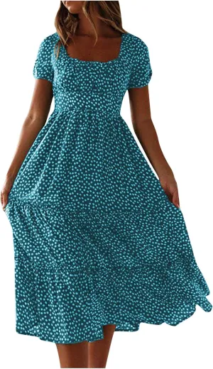 Womens Boho Floral Summer Dresses Square Neck Casual A-Line Swing Midi Dress Short Sleeve High Waist Flowy Dress