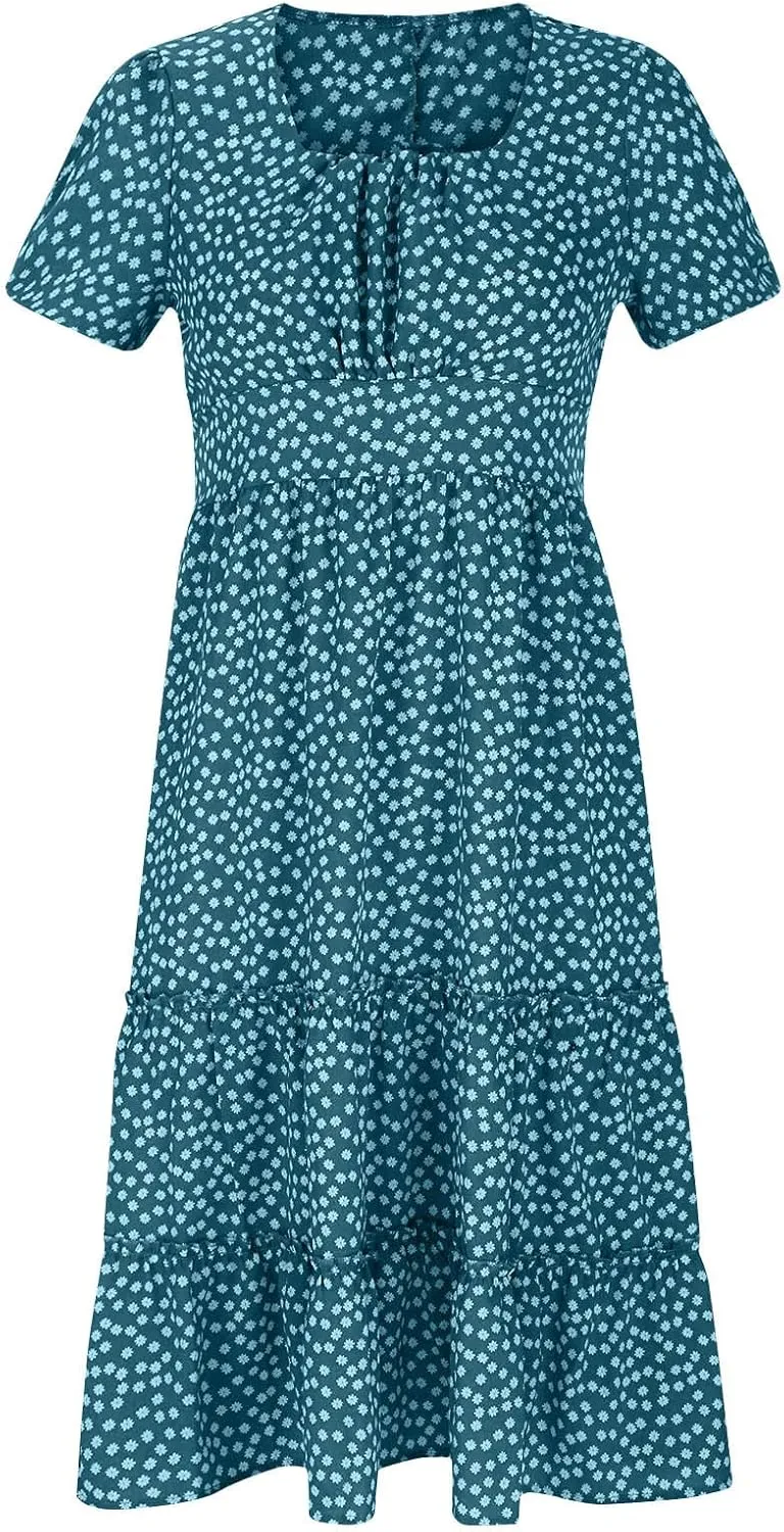 Womens Boho Floral Summer Dresses Square Neck Casual A-Line Swing Midi Dress Short Sleeve High Waist Flowy Dress