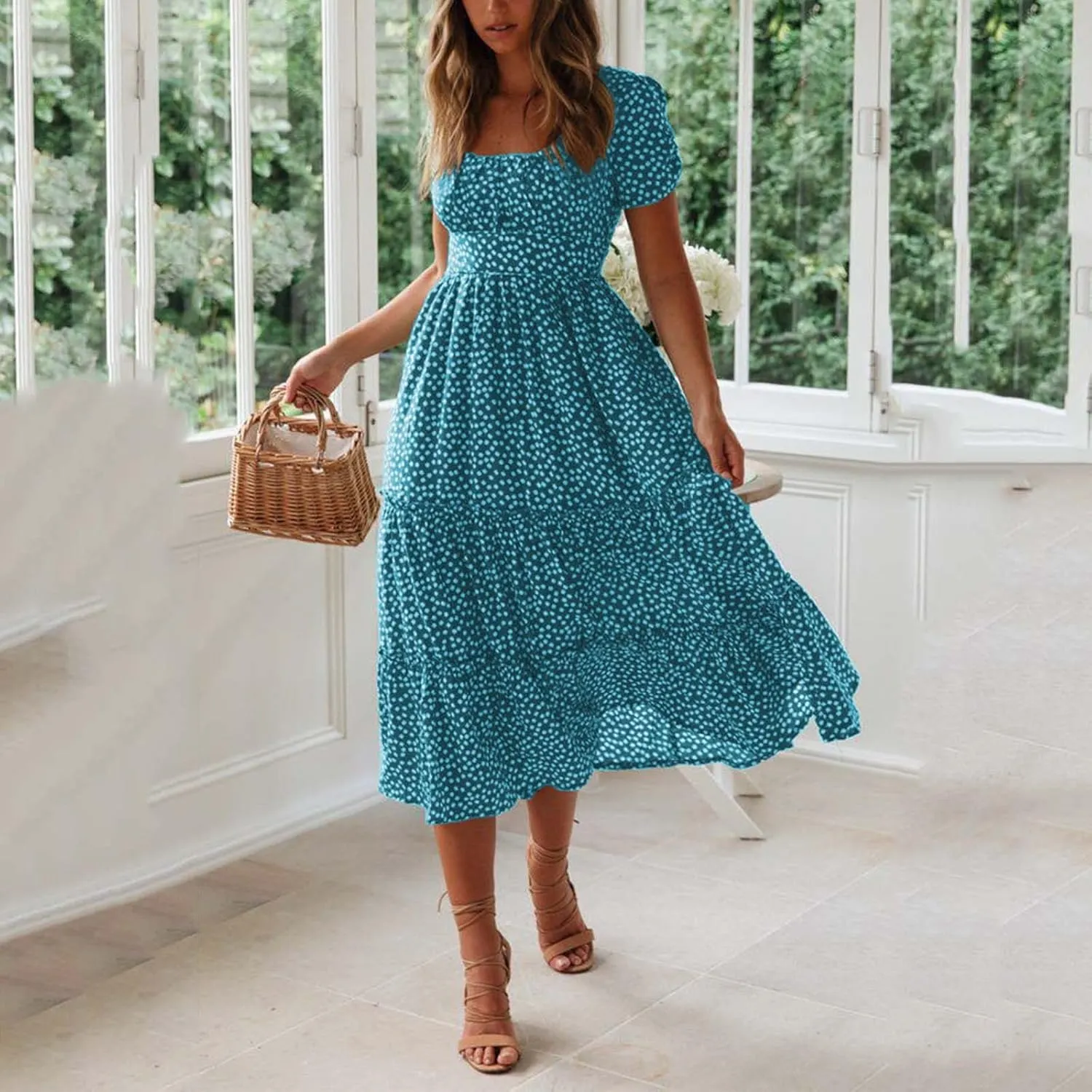 Womens Boho Floral Summer Dresses Square Neck Casual A-Line Swing Midi Dress Short Sleeve High Waist Flowy Dress