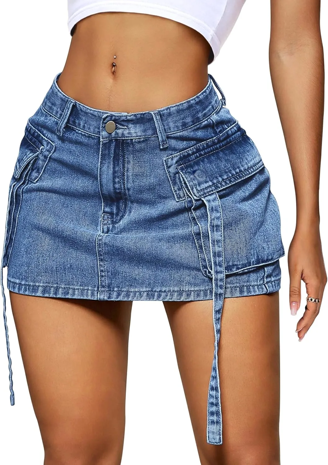 Womens Cargo Skirt Low Waist Button Denim Mini Skirt Summer Y2k Jean Skirt with Flap Pockets
