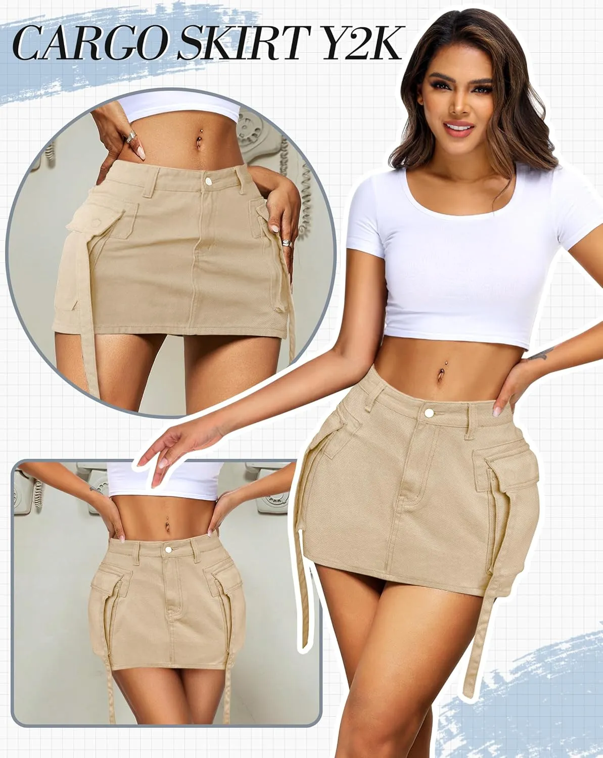 Womens Cargo Skirt Low Waist Button Denim Mini Skirt Summer Y2k Jean Skirt with Flap Pockets