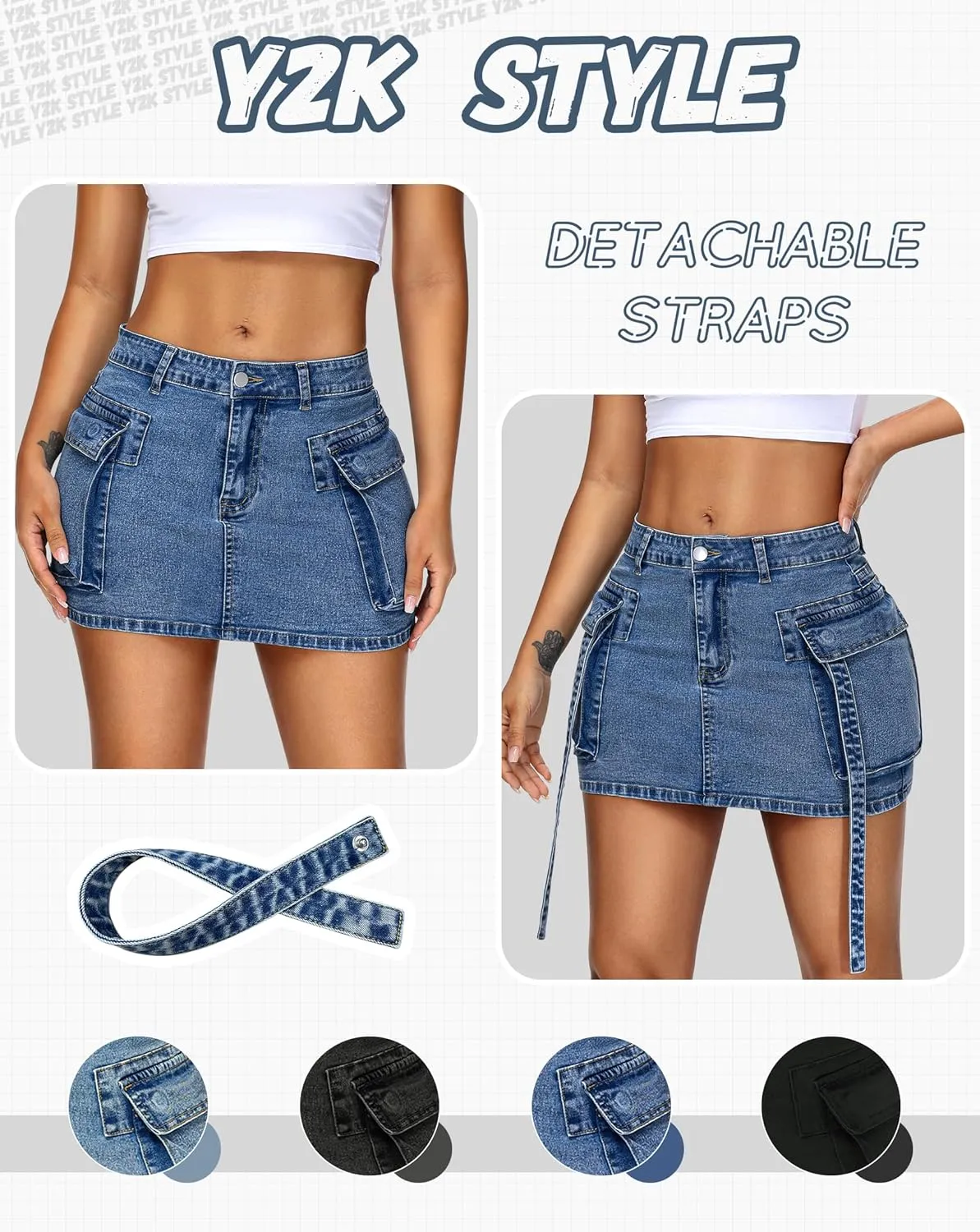 Womens Cargo Skirt Low Waist Button Denim Mini Skirt Summer Y2k Jean Skirt with Flap Pockets