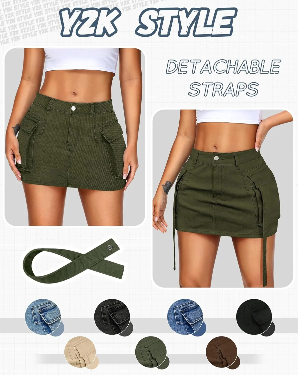 Womens Cargo Skirt Low Waist Button Denim Mini Skirt Summer Y2k Jean Skirt with Flap Pockets