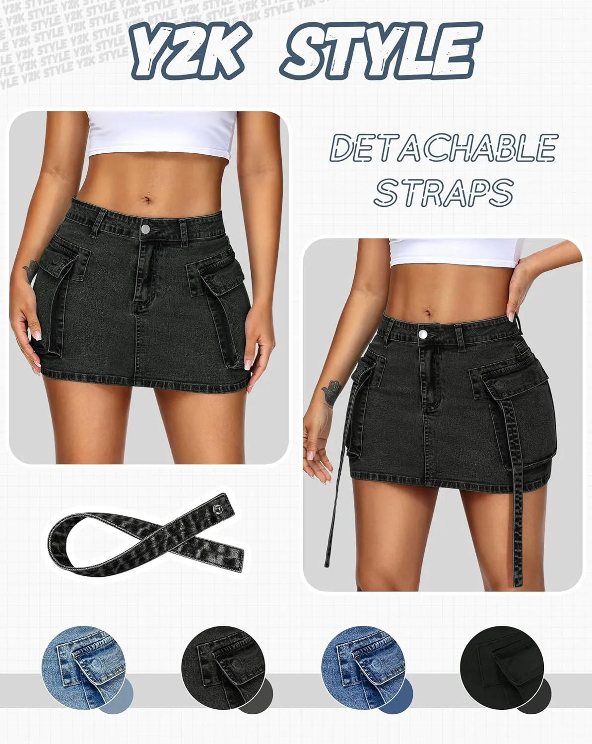 Womens Cargo Skirt Low Waist Button Denim Mini Skirt Summer Y2k Jean Skirt with Flap Pockets
