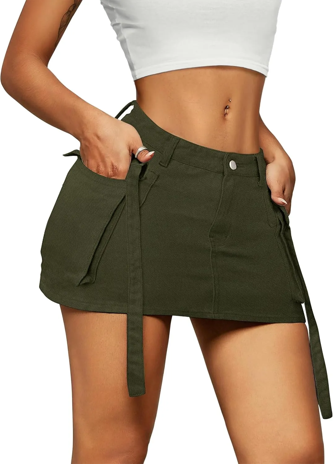 Womens Cargo Skirt Low Waist Button Denim Mini Skirt Summer Y2k Jean Skirt with Flap Pockets