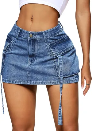 Womens Cargo Skirt Low Waist Button Denim Mini Skirt Summer Y2k Jean Skirt with Flap Pockets