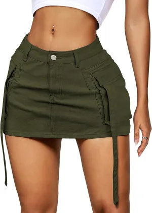 Womens Cargo Skirt Low Waist Button Denim Mini Skirt Summer Y2k Jean Skirt with Flap Pockets